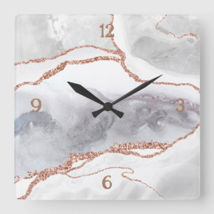 Luxury White Rose Gold Glitter Agate  Square Wall Clock