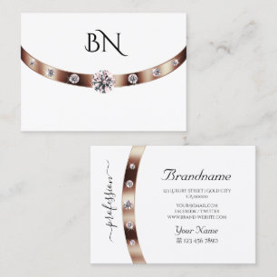 Luxury White Rose Gold with Monogram and Diamonds Business Card