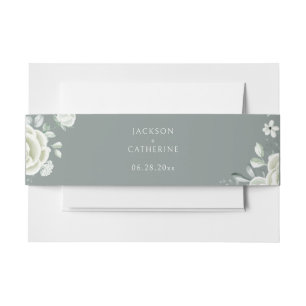 Luxury White Rose Sage Green Wedding  Invitation Belly Band