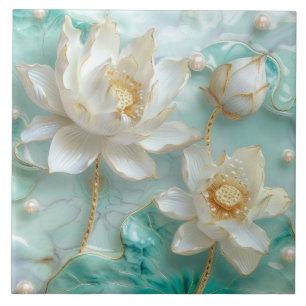 Luxury White Teal Gold Lotus Lily Flower Tile