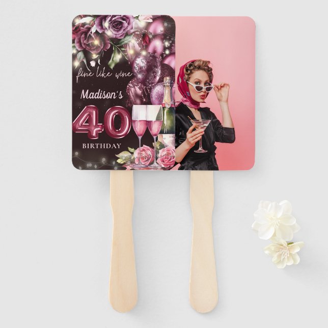 Luxury Wine 40th Birthday Photo Hand Fan (Front and Back)