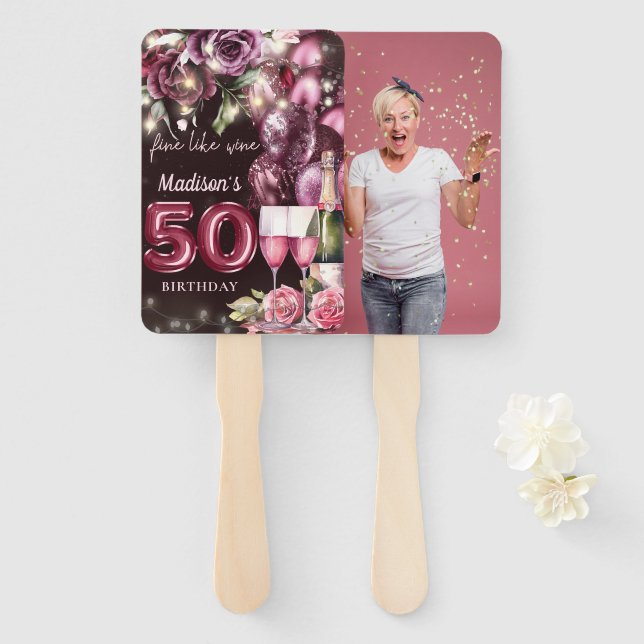 Luxury Wine 50th Birthday Photo Hand Fan (Front and Back)
