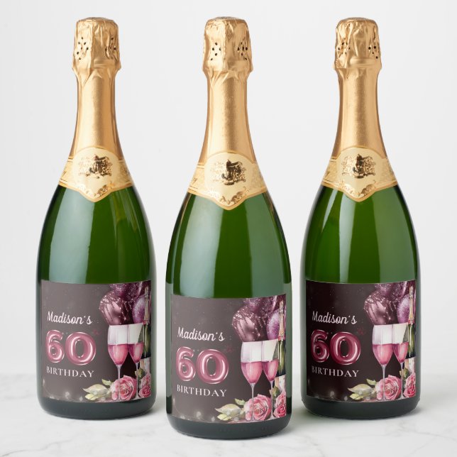 Luxury Wine & Balloons 60th Birthday Sparkling Wine Label (Bottles)