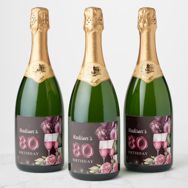 Luxury Wine & Balloons 80th Birthday Sparkling Wine Label (Bottles)