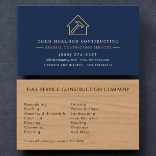 Luxury Wood Grain Navy Blue Gold Construction Business Card