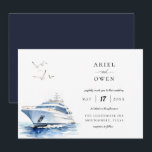 Luxury Yacht Nautical Theme Wedding Invitation<br><div class="desc">Luxury watercolor yacht,  nautical theme wedding invitation.  Coordinating dark navy blue colour backing,  seagulls and water accent. Invitation features chic typography design style mix of calligraphy and bold type.</div>