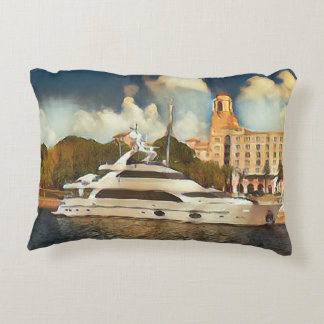 Luxury Yacht Wall Art Coastal Harbor Scene Accent Pillow