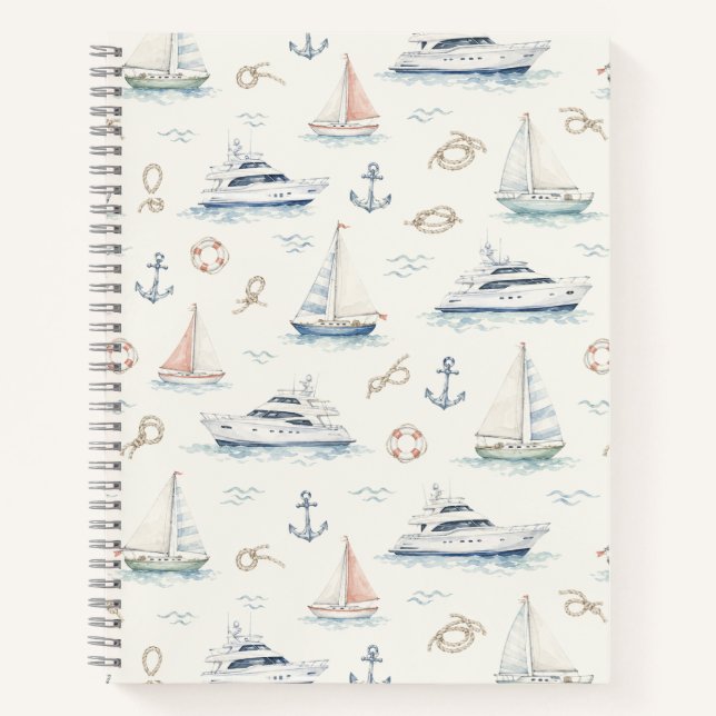 Luxury Yacht Watercolor Coastal Pattern Notebook (Front)