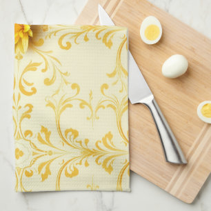 Luxury Yellow Tulip Damask Easter Kitchen Towel