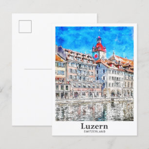 Luzern Switzerland Travel Watercolor Hand Drawn Postcard