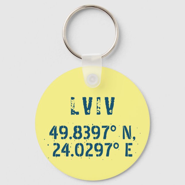 Lviv Ukraine Latitude & Longitude Distressed  Keychain (Front)