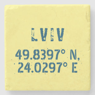 Lviv Ukraine Latitude & Longitude Distressed   Stone Coaster