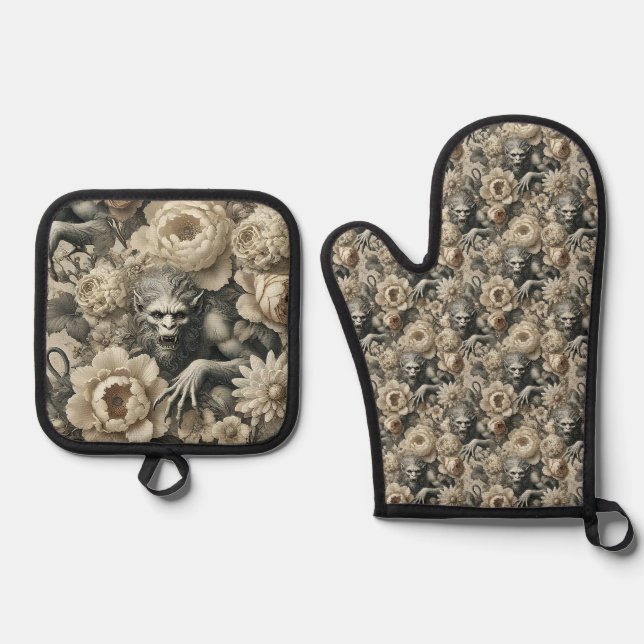 Lycanthropic Splendour – Gothic Victorian Oven Mitt & Pot Holder Set (Front)