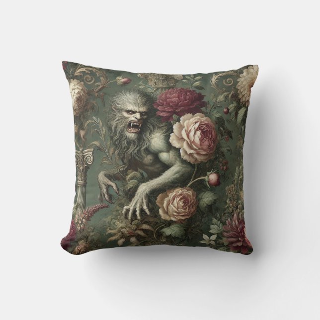 Lycanthropic Verdant – Gothic Floral Design Throw Pillow (Front)