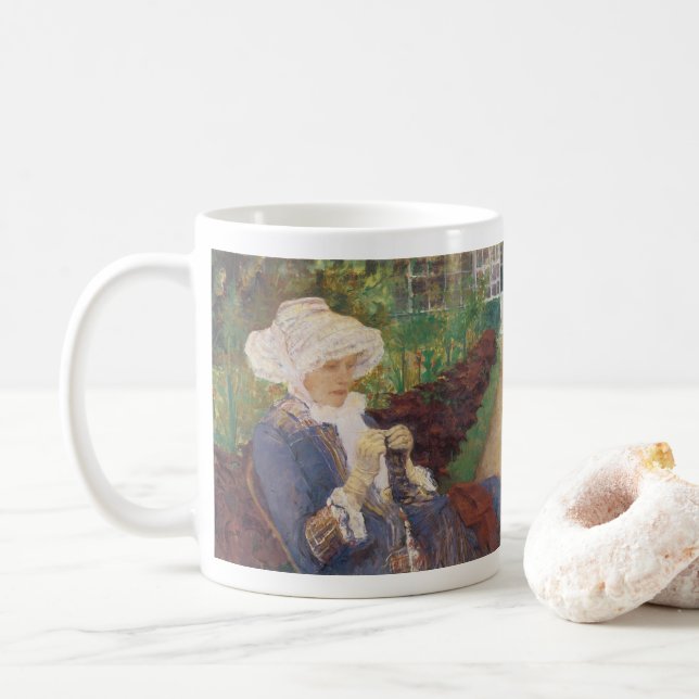 Lydia Crocheting in Garden at Marly, Mary Cassatt Coffee Mug (With Donut)