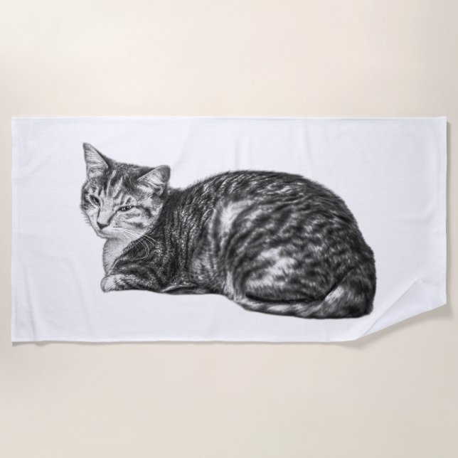 Lying Tabby Cat Monochrome Beach Towel (Front)