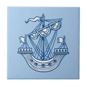 Lymphad (Heraldic Ship) - Indigo Style Blue Tile