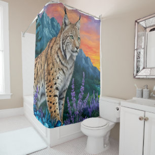 Lynx at sunrise by waterfall