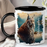 Lynx by Mountain Lake Reflection Mug<br><div class="desc">Experience the wild beauty of nature with the Lynx by Mountain Lake Reflection Mug. This stunning mug features a detailed image of a lynx sitting by a tranquil mountain lake, with the serene water reflecting the majestic cat and the surrounding wilderness. Customized with your name, it adds a unique and...</div>