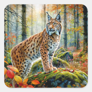 Lynx In Fall Forest Autumcore Watercolor Square Sticker