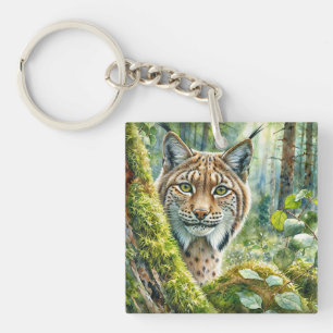 Lynx in Lush Green Forest Watercolor Keychain