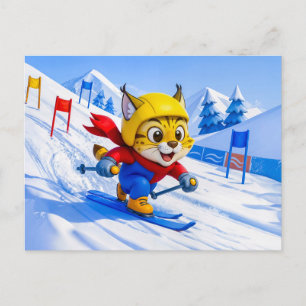 Lynx Skiing Giant Slalom in Winter Postcard