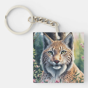 Lynx Watercolor Painting Floral Feline Art Keychain