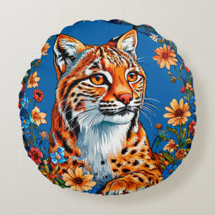 Lynx with vibrant orange fur round pillow
