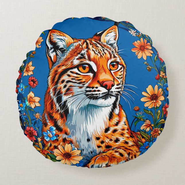 Lynx with vibrant orange fur round pillow (Front)
