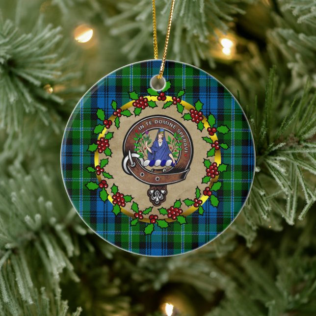 Lyon Clan Badge & Tartan Personalized Christmas Ceramic Ornament (Tree)