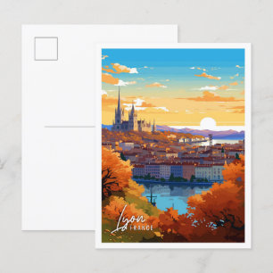 Lyon France Art vintage travel illustration Postcard