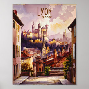 Lyon France Basilica Retro Vintage Watercolor Art Poster