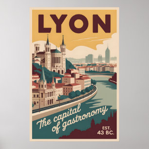 Lyon France Retro Skyline Cityscape Travel Poster