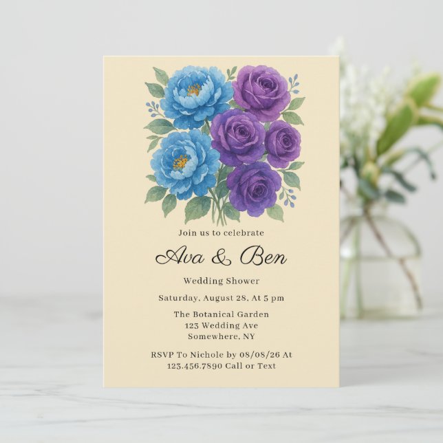 Lyons Blue Peony & Fig Purple Rose Wedding Shower Invitation (Standing Front)