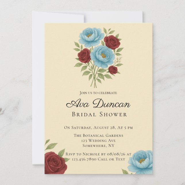 Lyons Blue Peony & Red Roses Bridal Shower Invitation (Front)