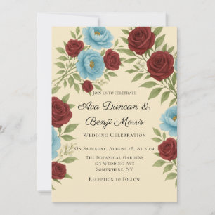 Lyons Blue Peony & Red Roses Wedding Celebration Invitation