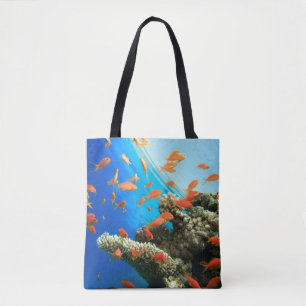 Lyretail anthias on coral reef tote bag