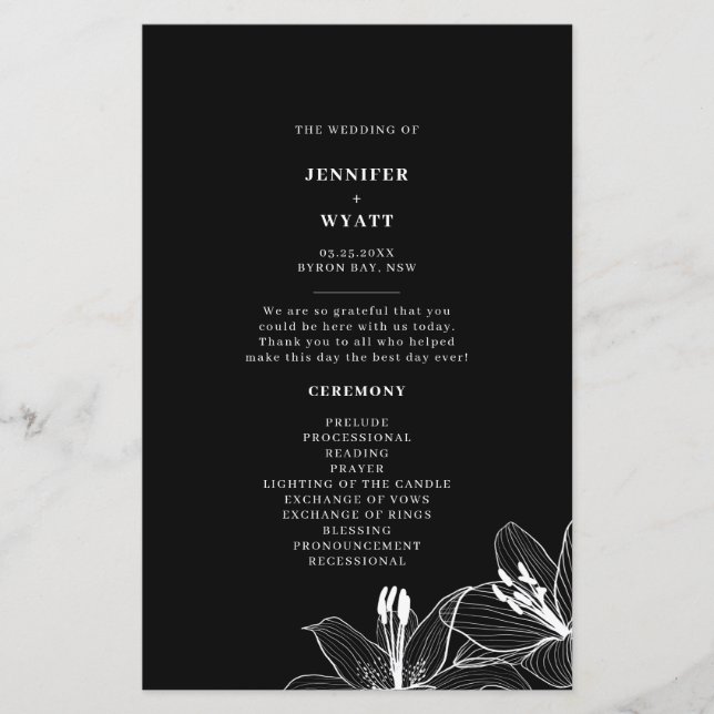Lys floraux noirs et blancs Programmes de mariage (Devant)