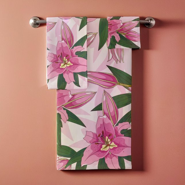 Lys rose florissant (Pink Blooming Lily Bath Towel Set)