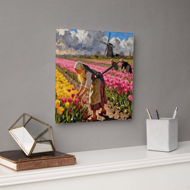 “Lysbeth in the Amber Light” - A Dutch Landscape Square Wall Clock (Office)