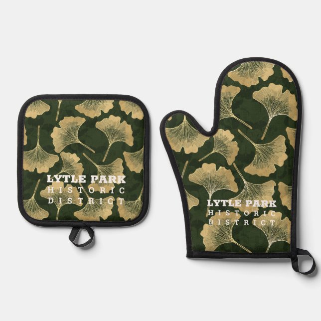 Lytle Park-Gold Ginko Pattern Potholder Oven Mitt  & Pot Holder Set (Front)