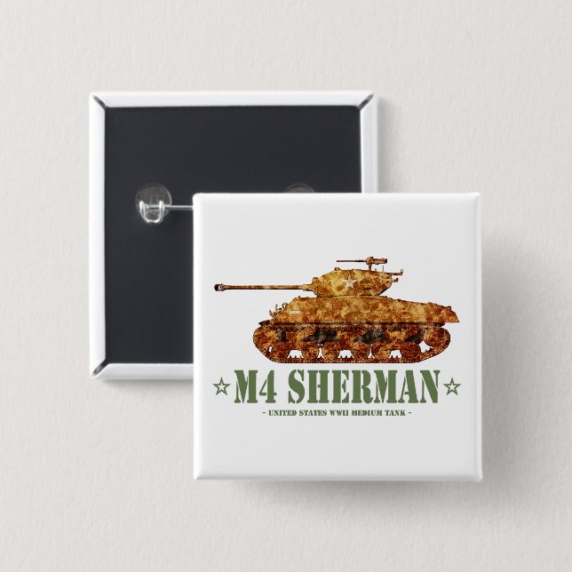M4 Sherman World War Two American Medium Tank WWII 2 Inch Square Button (Front & Back)