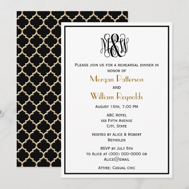 M Black Vine Script Monogram B&G DIY BG Rehearsal Invitation (Front/Back)