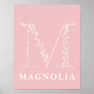 M Botanical Floral Monogram Custom Nursery Poster