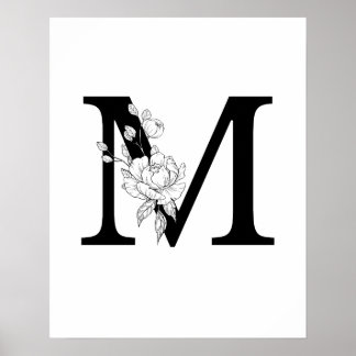 M botanical monogram. Letter initial with peonies Poster