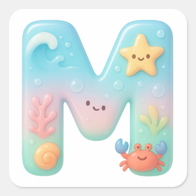 "M" Cute Letter - Underwater Sea Creature Square Sticker (Front)