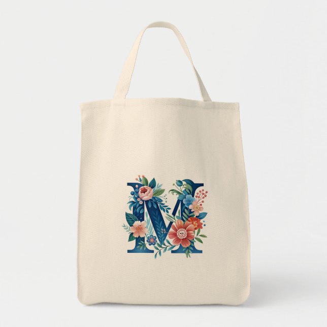 'M' decorative floral monogram Tote Bag (Front)