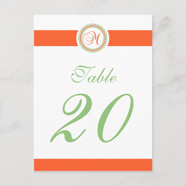 M Dot Circle Monogram Table Number (Orange / Mint) Postcard (Front)