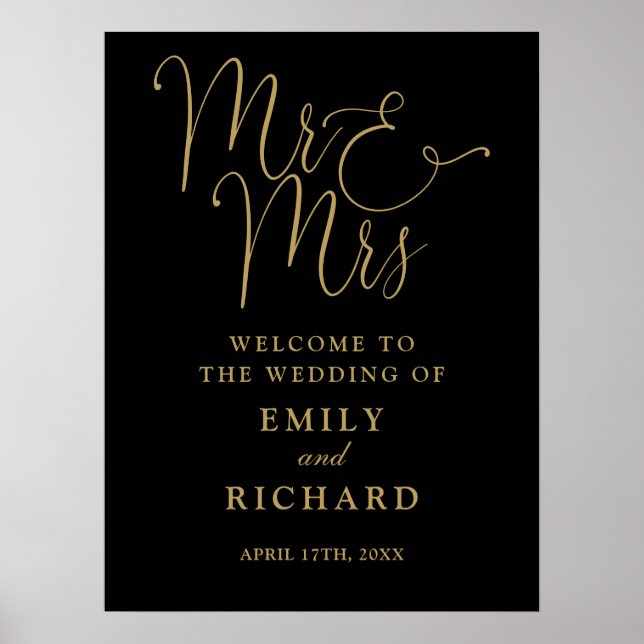 M. Et Mme Black And Gold Mariage Affiche de bienve (Devant)