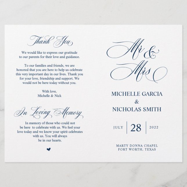 M. et Mme, Bleu de la Marine, Programme de mariage (Devant)